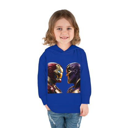 A cheerful child wearing the Iron Man Vs Thanos Child's Unisex Hoodie, showcasing the dynamic graphic of Iron Man facing Thanos. Perfect for young Marvel fans, this luxurious fleece sweater combines comfort and style for ages 2-5 years.