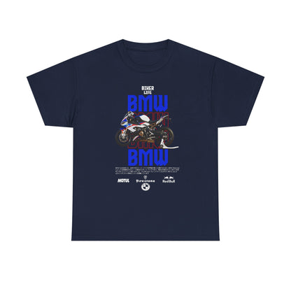 Luxury navy t-shirt featuring a bold graphic of the BMW S1000RR motorcycle, embellished with the phrase 'BIKER LIFE' in vibrant colours, perfect for passionate motorcycle enthusiasts.