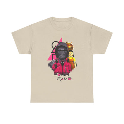 Elegant short-sleeve Squid Game T-shirt showcasing a vivid graphic of iconic characters, designed for both men and women, ideal for sophisticated casual wear.