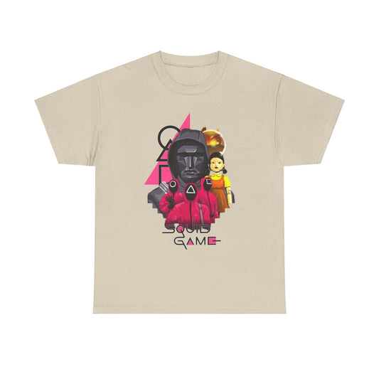 Elegant short-sleeve Squid Game T-shirt showcasing a vivid graphic of iconic characters, designed for both men and women, ideal for sophisticated casual wear.