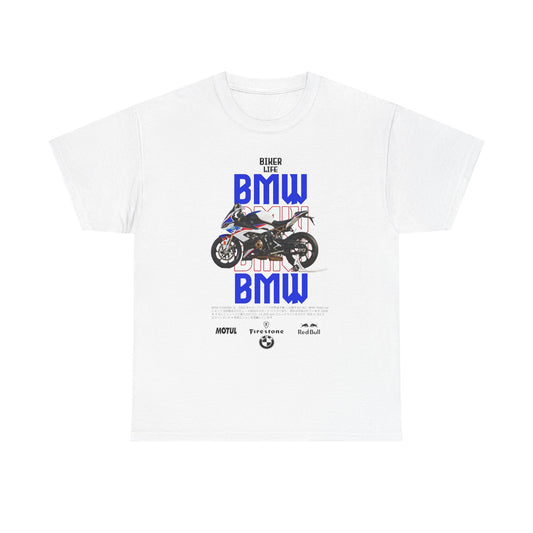 Elegant men's t-shirt in white showcasing an eye-catching graphic of the BMW S1000RR motorcycle with prominent 'BIKER LIFE' text and high-end brand logos, perfect for discerning bikers.