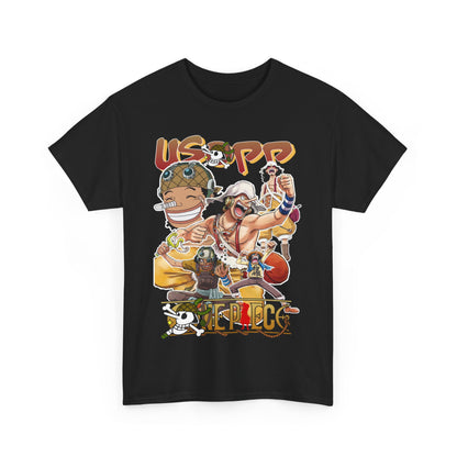 Stunning Anime Manga T-shirt featuring a vibrant collage of characters, showcasing Usopp in an elaborate and bold design, perfect for anime enthusiasts.