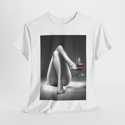 Elegant unisex graphic cotton tee featuring a sophisticated monochrome print of a woman's legs resting gracefully with a wine glass. Designed for comfort and style, this t-shirt embodies serenity and a luxurious lifestyle.