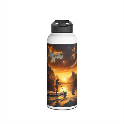 Fantasy Paddleboarding Stainless Steel Water Bottle showcasing an exquisite design with a sunset and paddleboarder silhouette, perfect for stylish hydration.