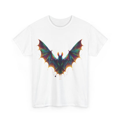 Radiant Evolution Bat Tee - Unisex cotton tee presenting a stunning rainbow bat design on a pristine white backdrop, a luxurious addition to any wardrobe.