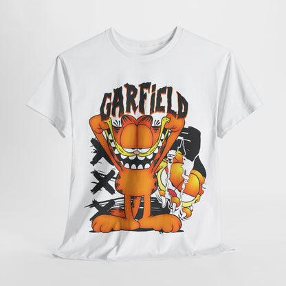 Garfield Unisex Graphic T-Shirt - Vibrant Cartoon Design featuring a playful Garfield with an exuberant grin on a white background, crafted for casual luxury.