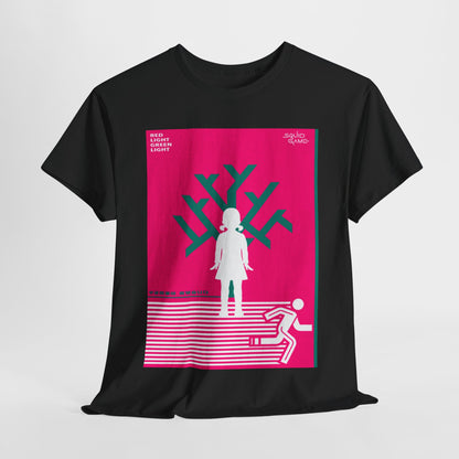 Luxurious black graphic t-shirt featuring a bold and striking Squid Game design. The artwork showcases the iconic phrase 'Red Light Green Light' alongside a figure of a child and a fleeing silhouette, capturing the essence of the popular Netflix series. Ideal for stylish individuals who embrace bold fashion choices.