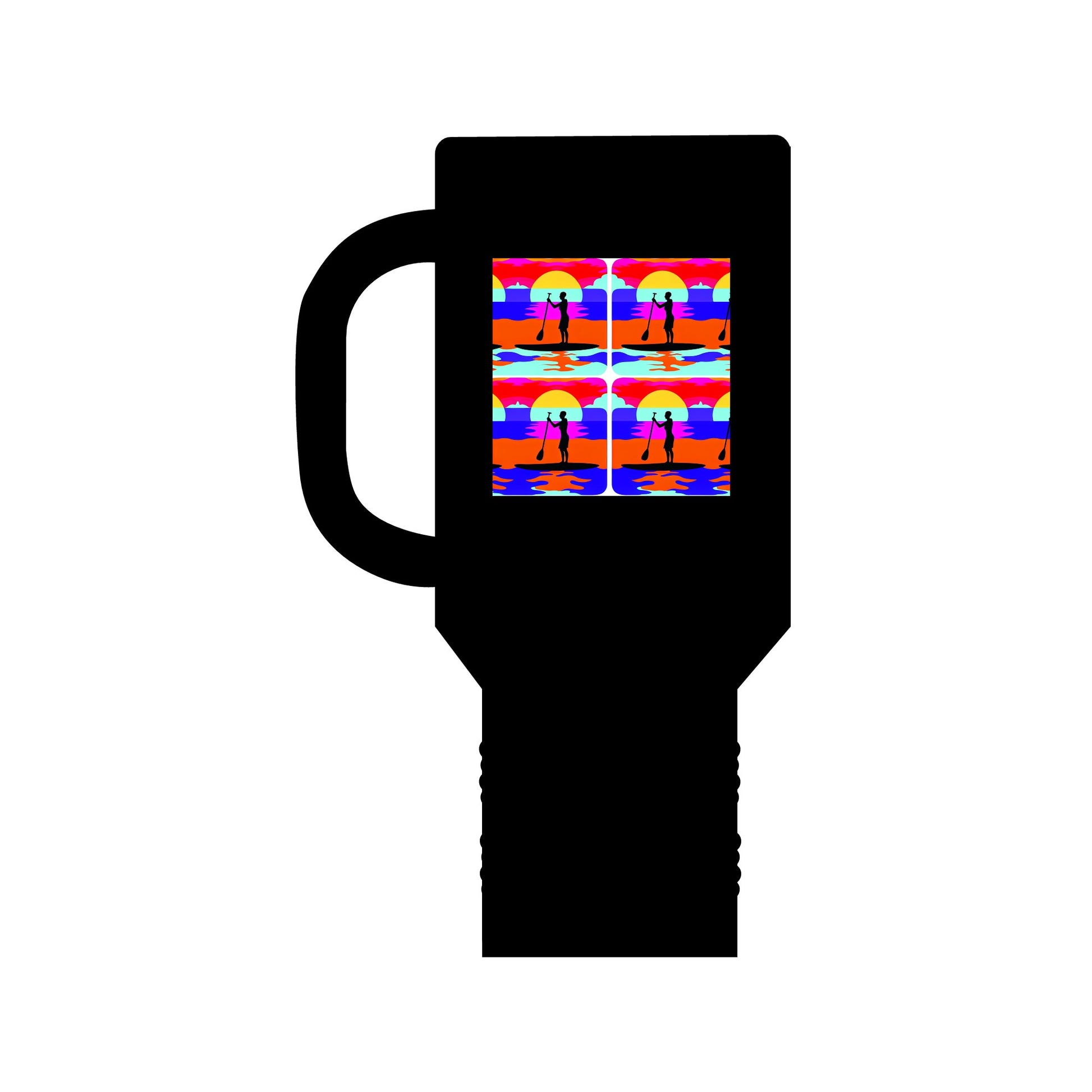 Fantasy Paddleboarding 40oz Insulated Travel Mug in black with a vibrant whimsical design featuring paddleboarders against a colourful sunset backdrop, showcasing luxury and adventure.