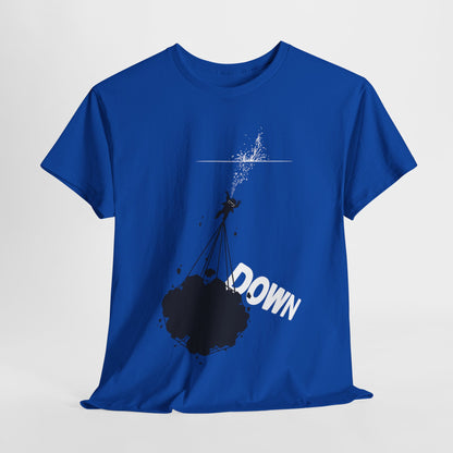 Luxurious Pixar’s Down unisex graphic tee showcased in vibrant blue, featuring a whimsical design of a balloon adventurer in free fall with the word 'DOWN' prominently displayed.