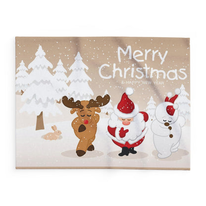 Luxurious Decorative and Warm Christmas Arctic Fleece Blanket featuring charming festive characters including a reindeer, Santa, and a snowman, set against a snowy winter forest backdrop.