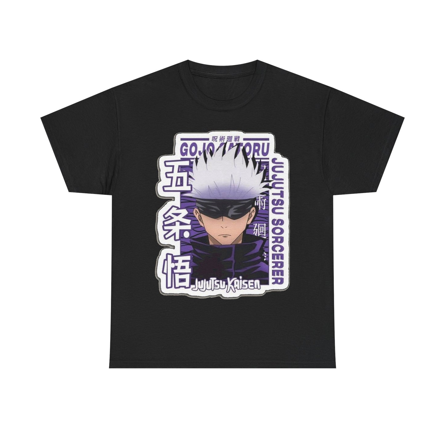 Refined black Gojo Satoru T-shirt featuring dynamic 'Jujutsu Sorcerer' imagery, perfect for stylish anime merchandise.