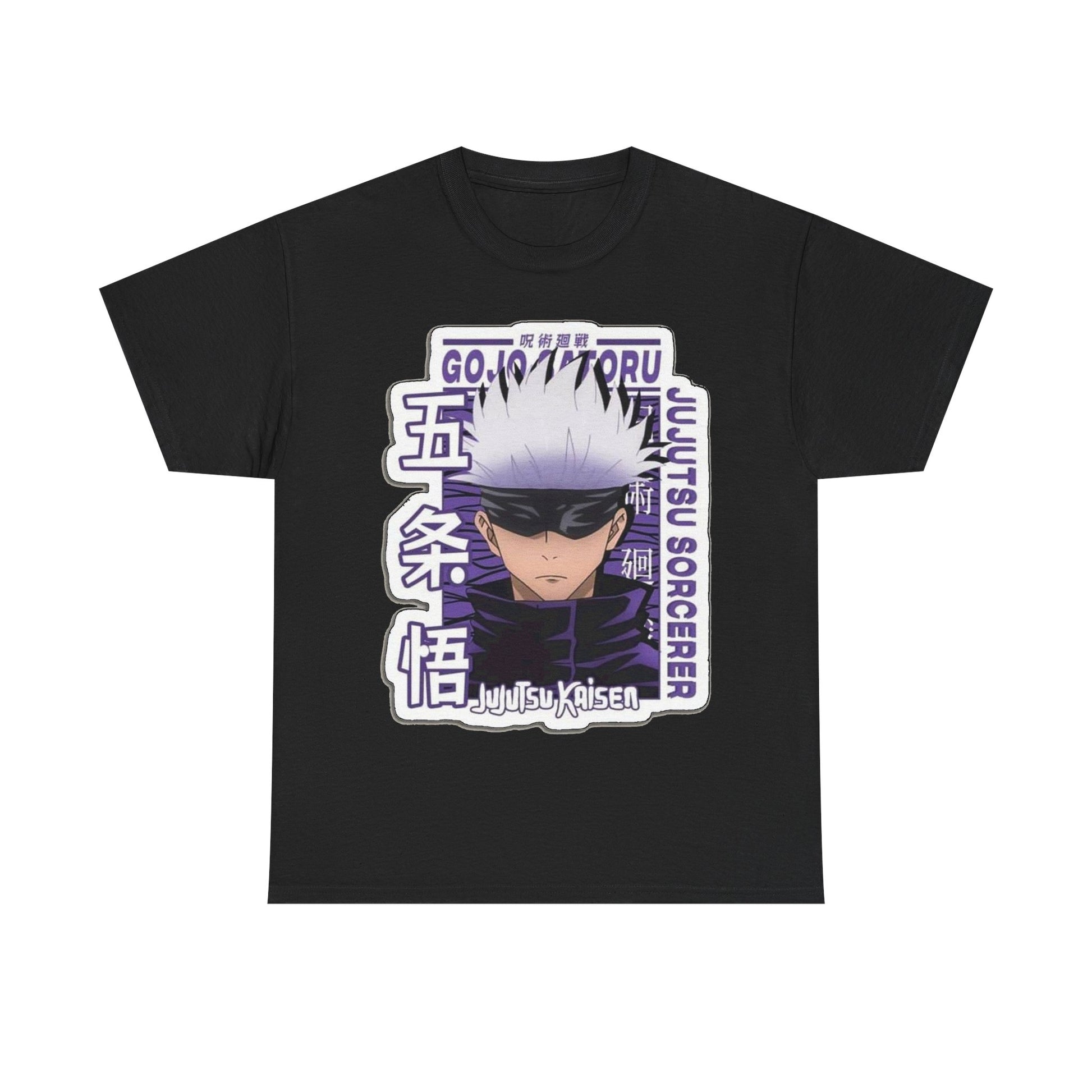 Refined black Gojo Satoru T-shirt featuring dynamic 'Jujutsu Sorcerer' imagery, perfect for stylish anime merchandise.