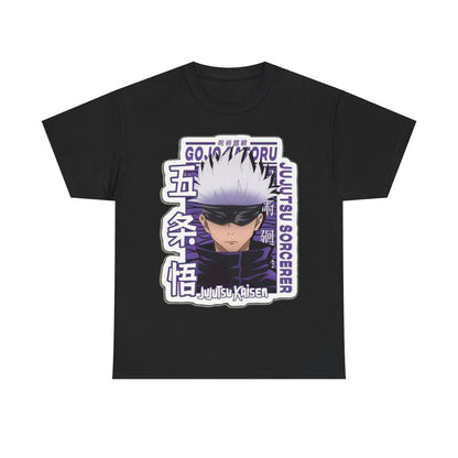 Refined black Gojo Satoru T-shirt featuring dynamic 'Jujutsu Sorcerer' imagery, perfect for stylish anime merchandise.