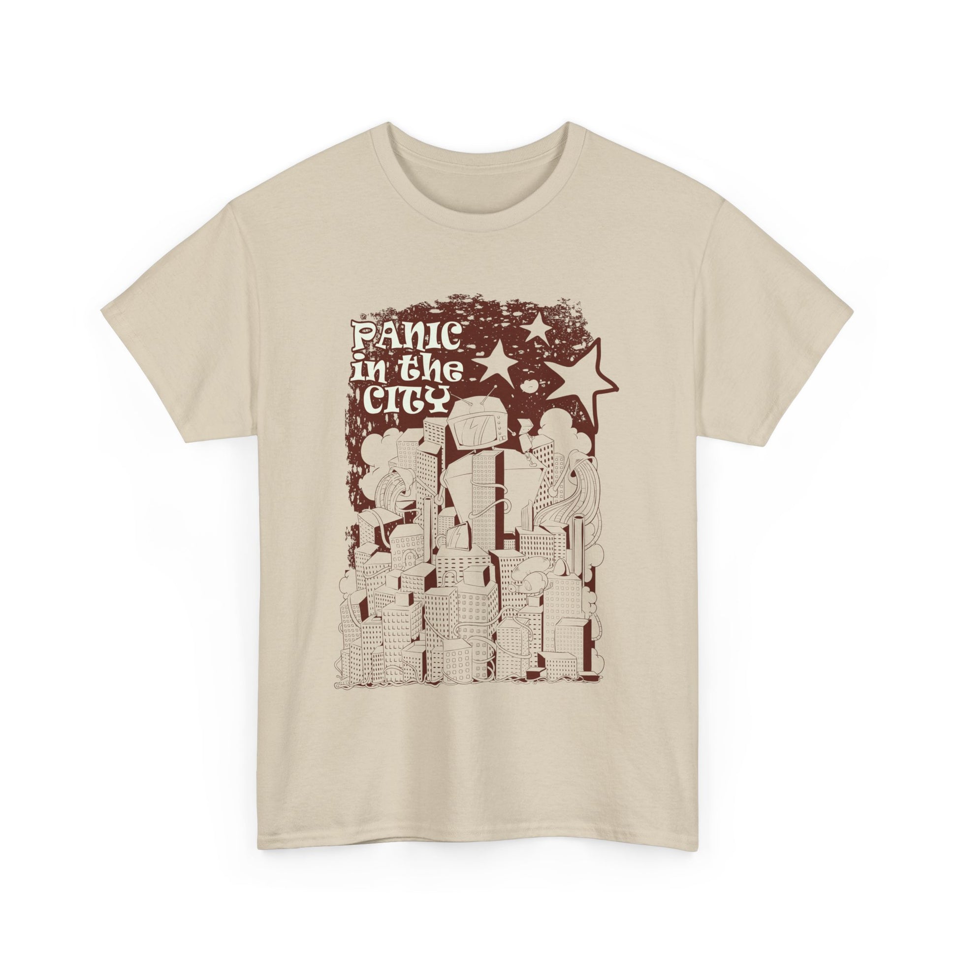 Front view of the premium 'Panic in the City' men's tee featuring whimsical robot and cityscape design on a light beige fabric, ideal for urban fashion enthusiasts.