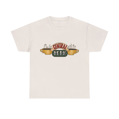 Central Perk Coffee Shop Friends Retro Logo Graphic Tee Unisex in off-white, illustrating the nostalgic Central Perk logo with elegant coffee cups.