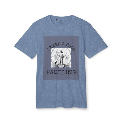 Front view of the Adidas Women's Paddleboarders T-shirt in Navy Heather, showcasing a unique design ideal for paddleboarding lovers.