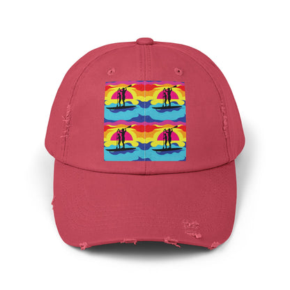 Unisex Distressed Paddleboarders Cap in a rich pink hue showcasing a unique fantasy paddleboarding design, perfect for beach lovers.