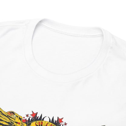 Close-up of a refined white t-shirt neckline, showcasing high-quality fabric and a bold yellow skull graphic with detailed wing designs, perfect for making a style statement.
