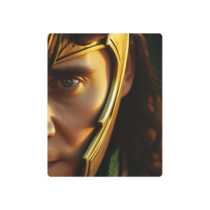 Stunning view of Marvel Loki Metal Art Poster, showcasing the masterful details of Loki's fierce gaze and ornate helmet in exquisite matte aluminium finish, ideal for sophisticated interiors.