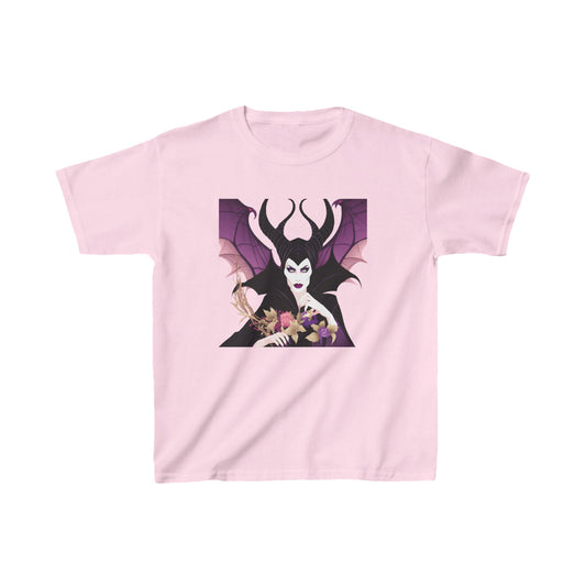 Elegant Maleficent Kids Tee showcasing a mystical design of the iconic character, tailored for young fashion enthusiasts. Available in soft cotton and a charming pink hue.