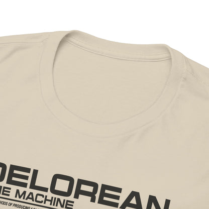 Close-up view of the luxurious neckline and fabric of a men's DeLorean time machine T-shirt, highlighting fine craftsmanship and contemporary design.