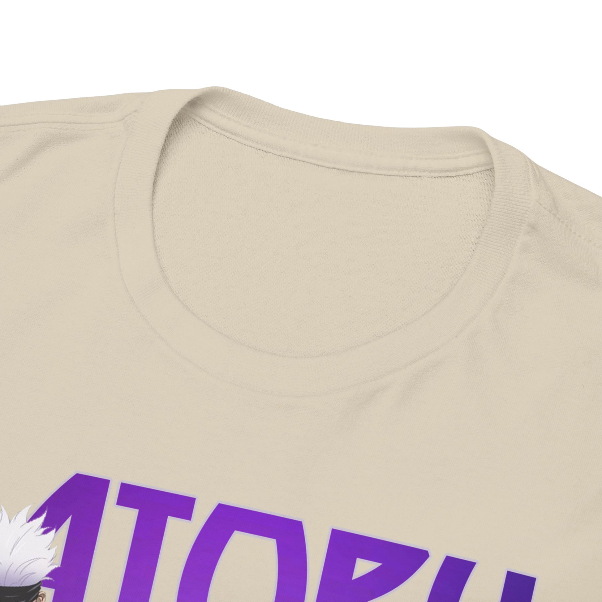 Close-up view of the neckline of a luxurious Gojo Satoru t-shirt, illustrating the premium fabric and meticulous craftsmanship of this anime-inspired garment.