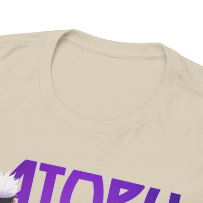 Close-up view of the neckline of a luxurious Gojo Satoru t-shirt, illustrating the premium fabric and meticulous craftsmanship of this anime-inspired garment.