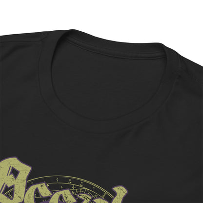 Close-up view of the neck and collar of a luxury men's graphic t-shirt, showcasing intricate details of the occult design in muted tones.