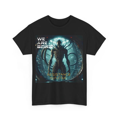 Borg Assimilated Xenomorph Graphic T-Shirt in classic black showcasing exquisite graphic design featuring the catchphrases 'WE ARE BORG' and 'RESISTANCE IS FUTILE', a luxurious choice for sci-fi enthusiasts.
