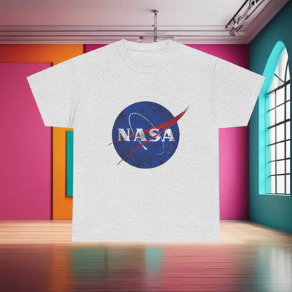 Urban NASA Logo Graphic T-Shirt in 100% Cotton, showcased in a chic grey fabric with a striking NASA logo, ideal for unisex casual wear.