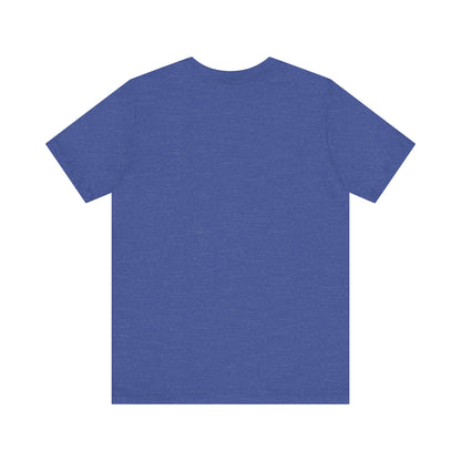 Back view of a sophisticated heather blue unisex short sleeve tee, an elegant style choice inspired by Sabrina Carpenter.