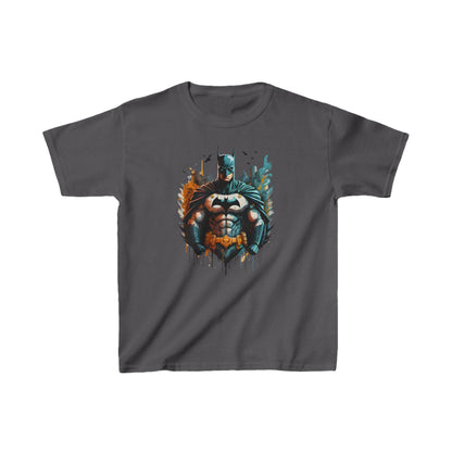 Childs Unleash the Power of Gotham: Batman Graphic Unisex Graphic Tee Shirt Kids in grey, featuring an artistic portrayal of Batman enveloped in captivating hues, designed for both comfort and style.