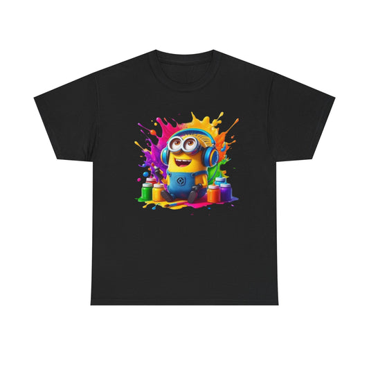 Elegant black t-shirt showcasing a charming Minion surrounded by a vivid explosion of paint, epitomising a fusion of fun and artistic flair.