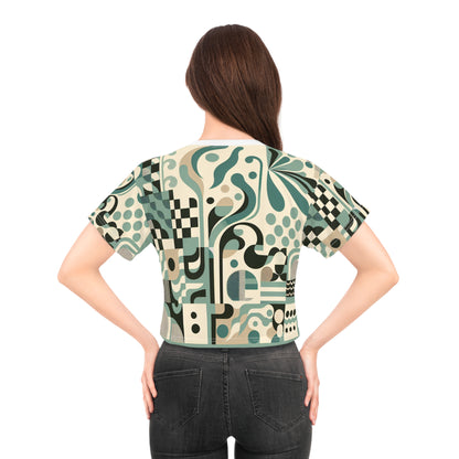 Close-up view of the breathable polyester fabric of the Vivienne Starlight Contemporary Crop Tee by Dazzling Dreams Studio, highlighting its lightweight comfort and artistic print.