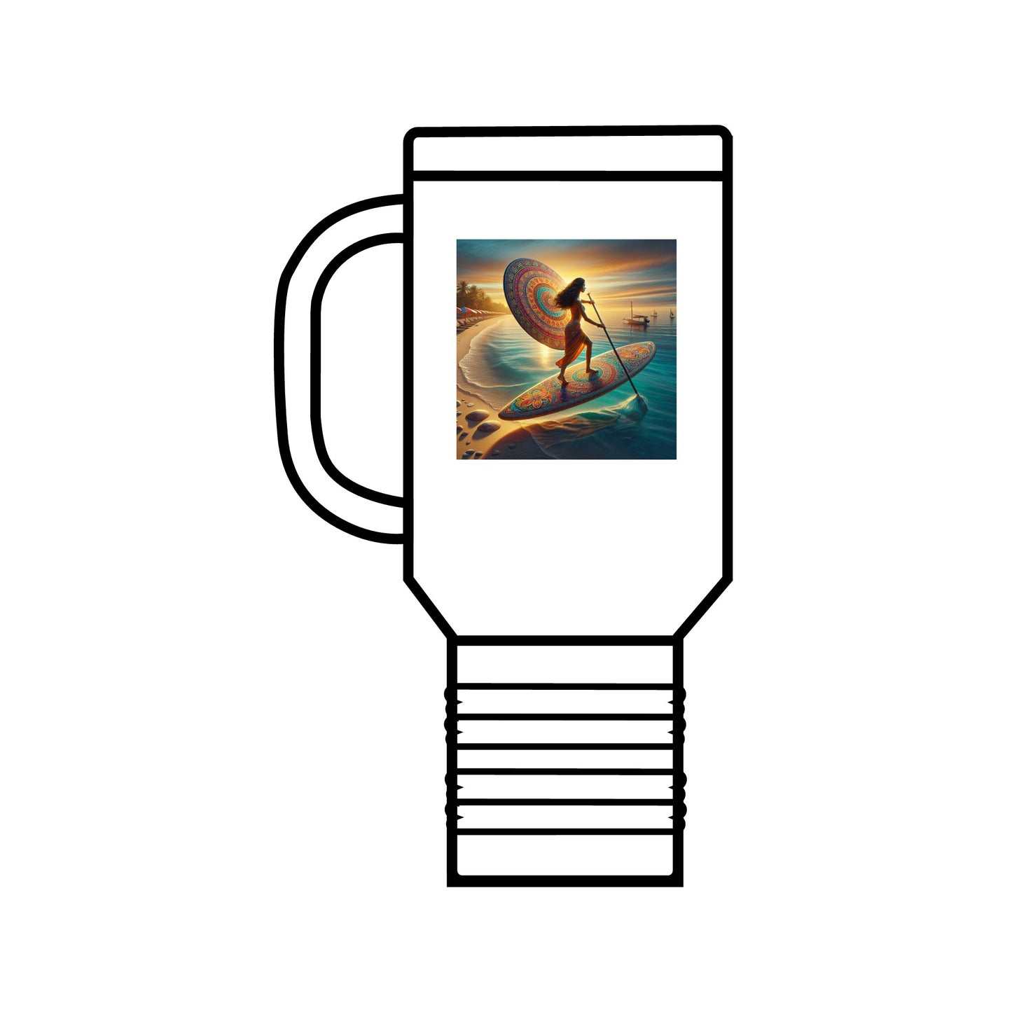 Elegant Fantasy Paddleboarding 40Oz Insulated Stainless Steel Travel Mug showcasing a stunning paddleboarding graphic, perfect for stylish hydration.