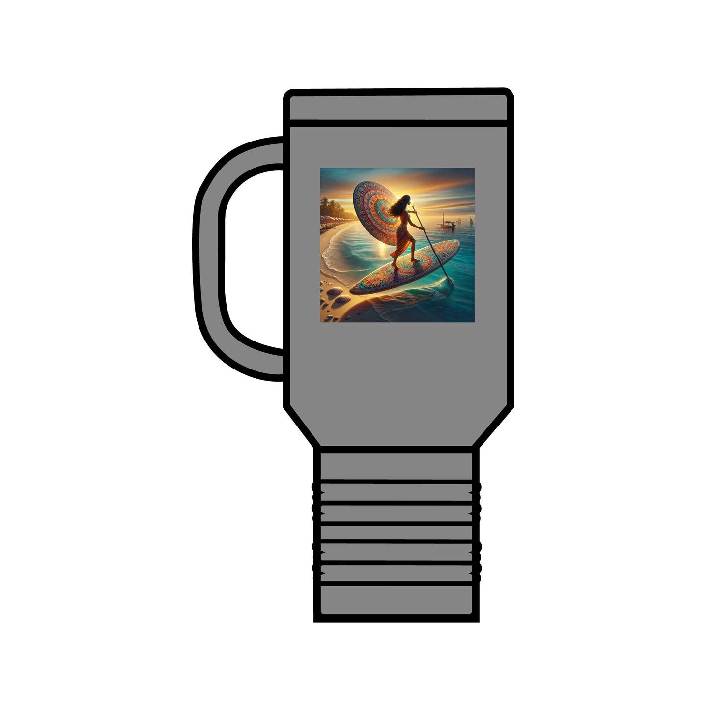 Chic Fantasy Paddleboarding 40Oz Insulated Stainless Steel Travel Mug adorned with a picturesque surfing illustration, a must-have for affluent adventurers.