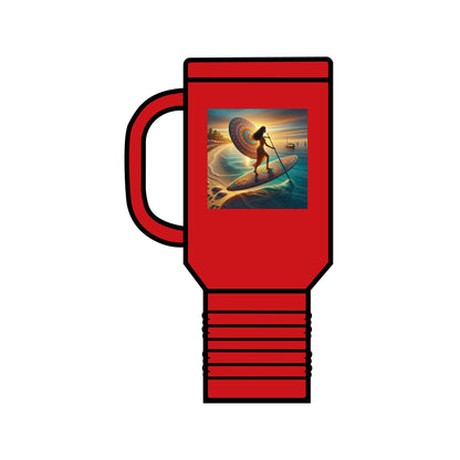 Fantasy Paddleboarding 40Oz Insulated Stainless Steel Travel Mug in a striking red hue showcasing a whimsical paddleboarding scene on the featured design.