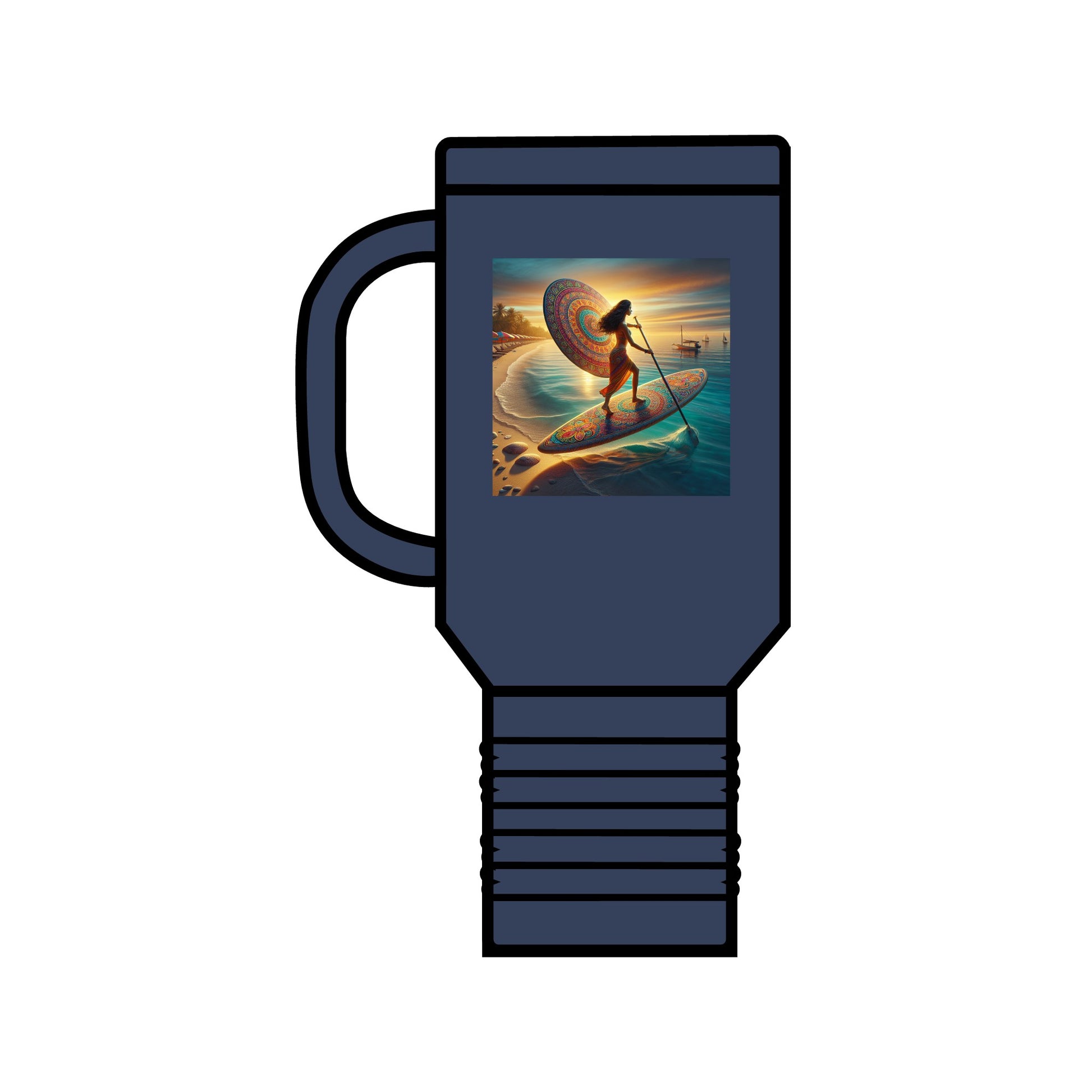Sophisticated Fantasy Paddleboarding 40Oz Insulated Stainless Steel Travel Mug illustrated with a beautiful surfing scene, designed for those who appreciate luxury.