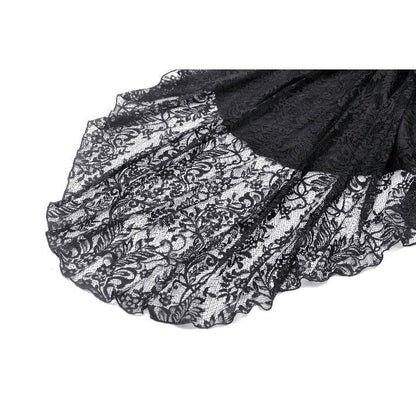 Back view of the Dark in Love Gem Gothic Vine Lace Tail Dress highlighting its sophisticated silhouette and stunning lace accents, perfect for making a captivating statement.