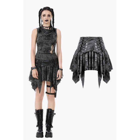 Dark in Love Elandra Layered Lace Goth Skirt with Handkerchief Hem in Charcoal Black, featuring gothic damask patterns, a soft velvet look, and intricate faux leather lace-up detailing, perfect for alternative fashion enthusiasts.