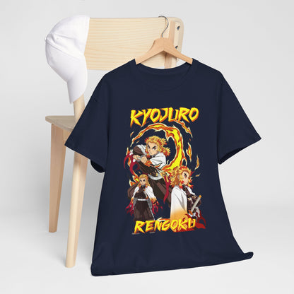 Sophisticated Kyojuro Rengoku anime tee draped over a minimalist chair, ideal for casual elegance while celebrating your anime passion.