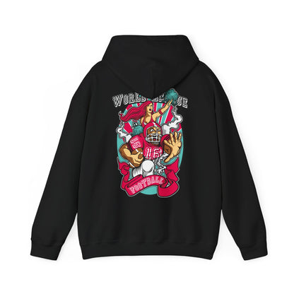 Chic black hoodie showcasing a bold graphic design on the back, depicting a football player in a pink jersey and a charismatic cheerleader, harmoniously set against a colourful backdrop with the 'WORLD LEAGUE' text.
