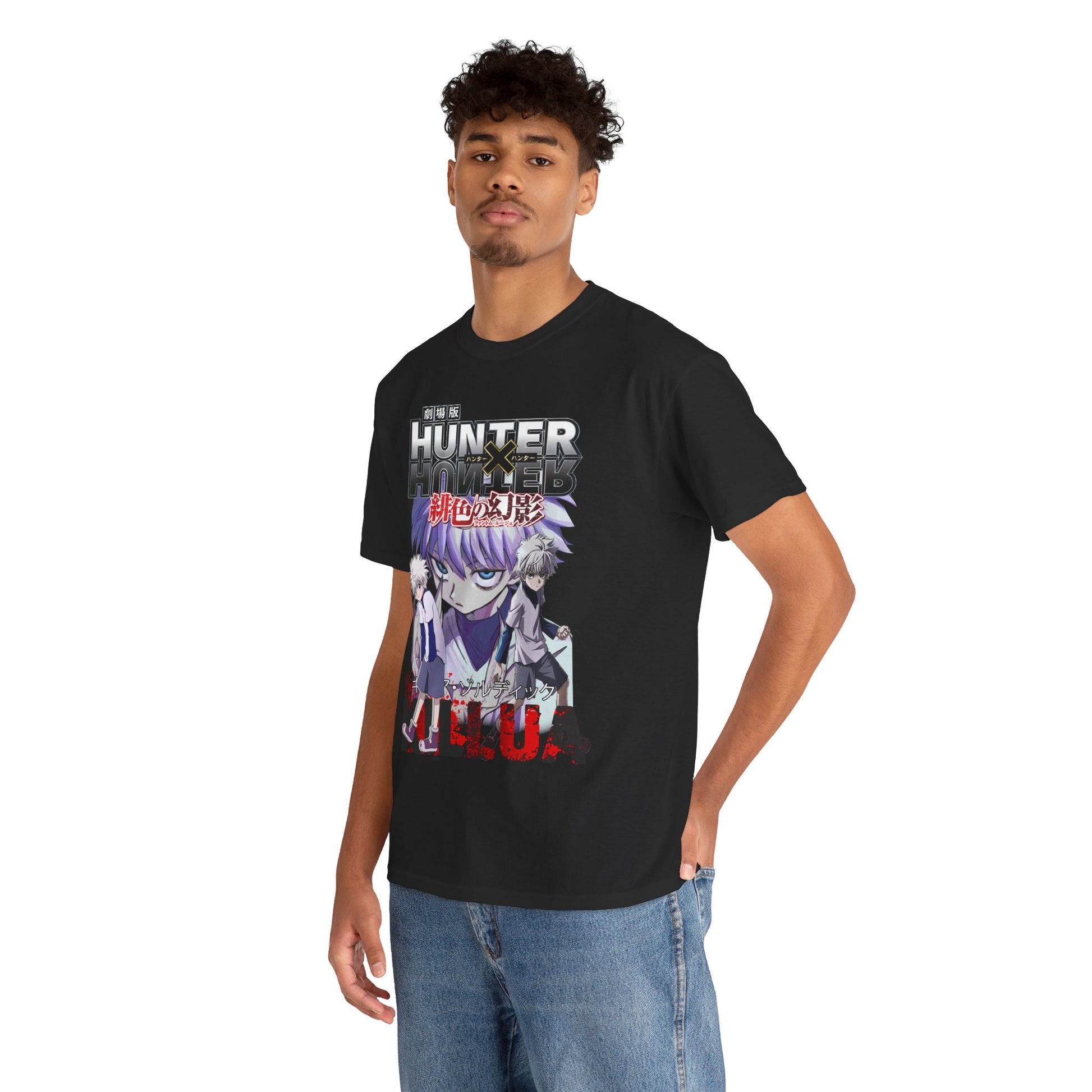 A stylish model confidently wearing a black Hunter x Hunter graphic t-shirt featuring Killua and Gon, perfect for anime enthusiasts and fashion-forward individuals.