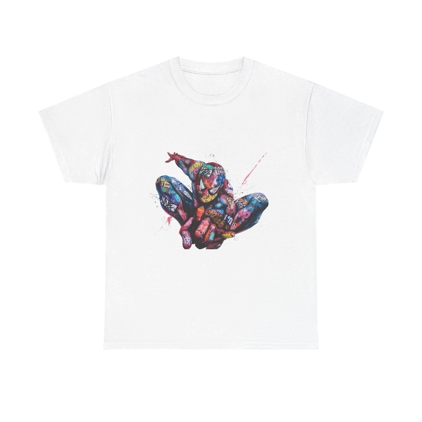 Luxurious white men's t-shirt featuring a vibrant Spider-Man graffiti design, showcasing dynamic colours and artistic flair. Ideal for showcasing style and personality.
