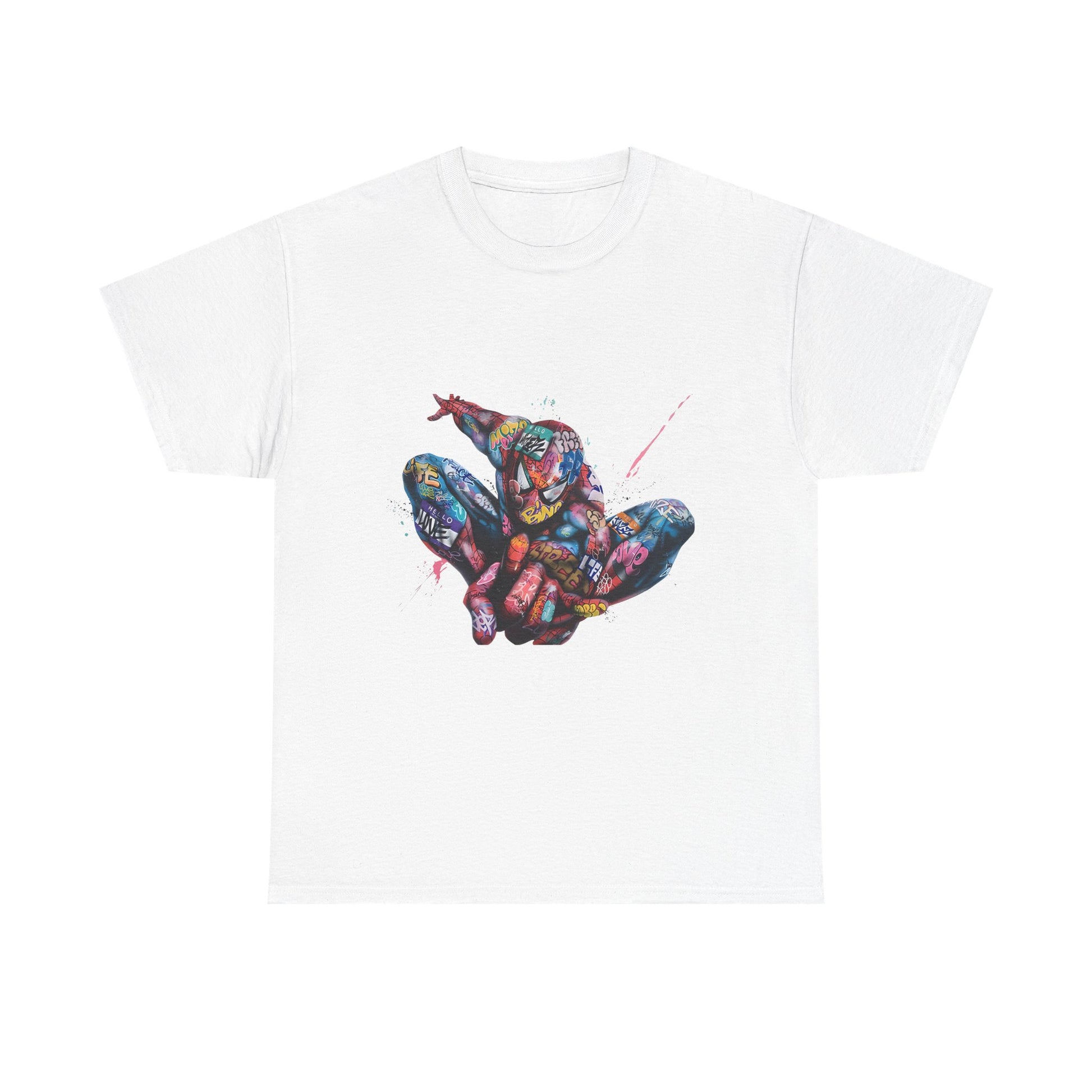 Luxurious white men's t-shirt featuring a vibrant Spider-Man graffiti design, showcasing dynamic colours and artistic flair. Ideal for showcasing style and personality.