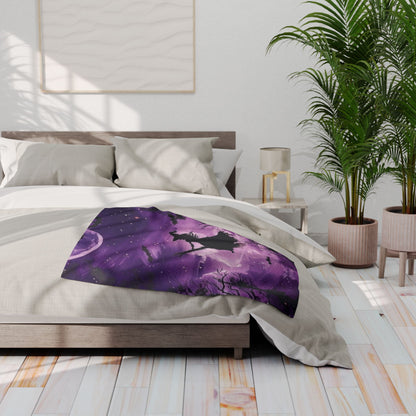 Tastefully arranged Decorative and Warm Halloween Spooky Arctic fleece blanket on a luxurious bed, enhancing the room’s festive Halloween decor.