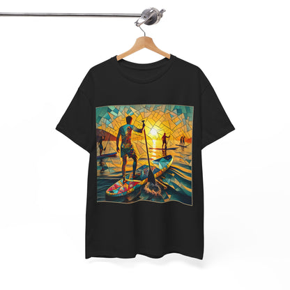 Elegant Luxury Paddleboarding Scene T-Shirt by Dazzling Dreams Studio showcasing tranquil water sports aesthetics, perfect for nature lovers.