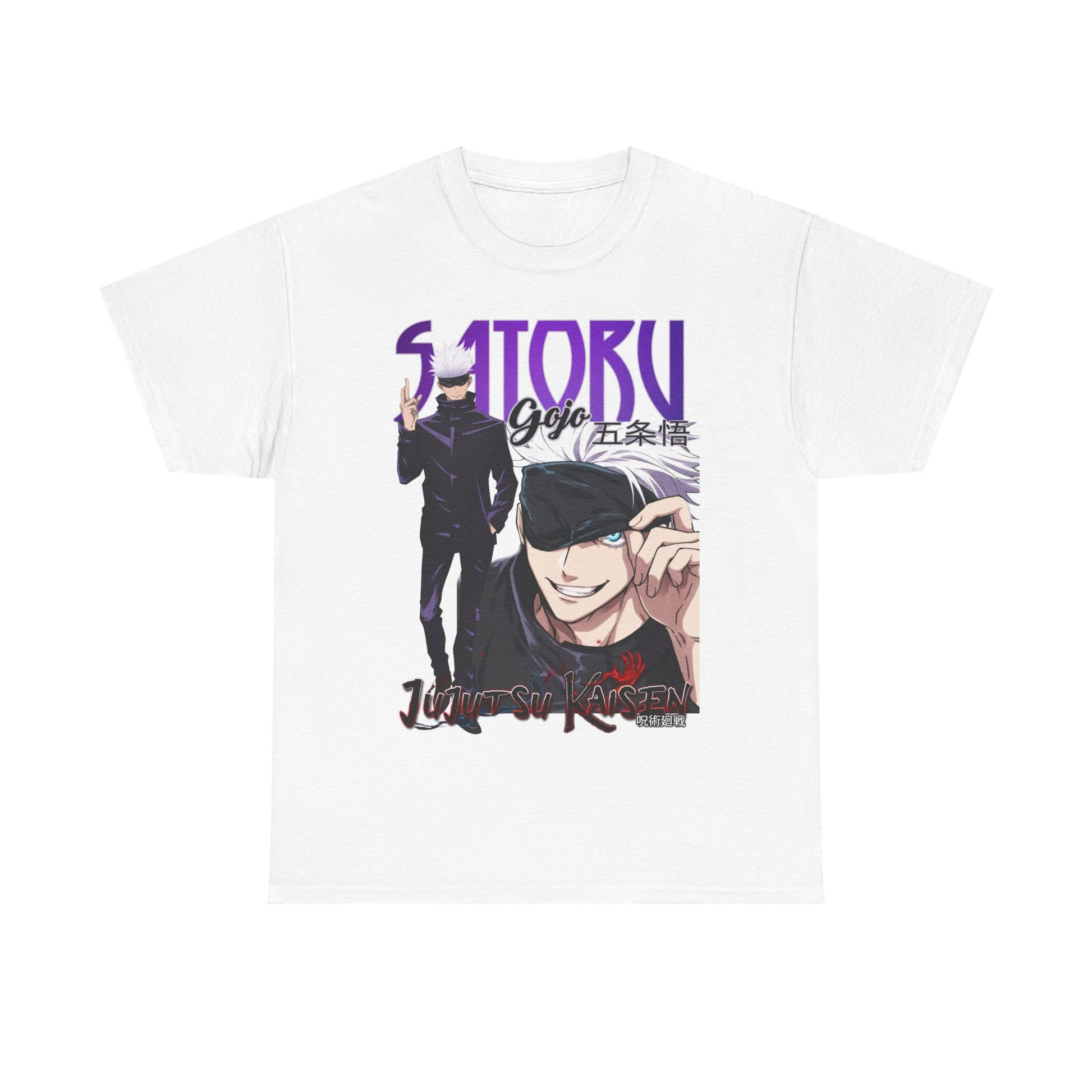 Chic white T-shirt featuring sophisticated artwork of Gojo Satoru from Jujutsu Kaisen, designed for fashion-forward anime lovers.