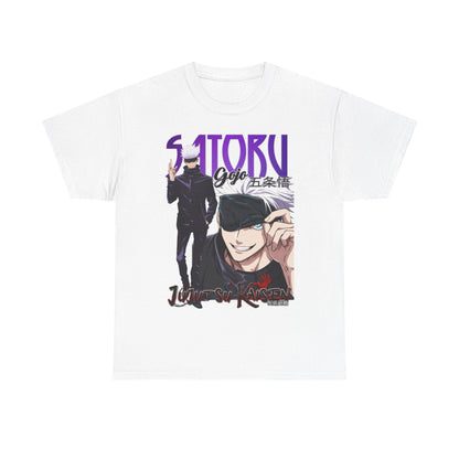 Chic white T-shirt featuring sophisticated artwork of Gojo Satoru from Jujutsu Kaisen, designed for fashion-forward anime lovers.
