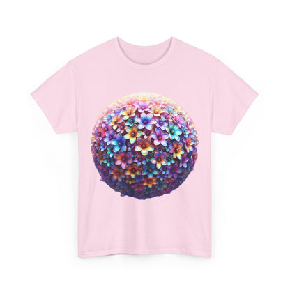 Iridescent Floral Sphere Unisex Cotton Tee Graphic T-Shirt featuring a vibrant, artistic floral design on a pink background, perfect for stylish casual wear.